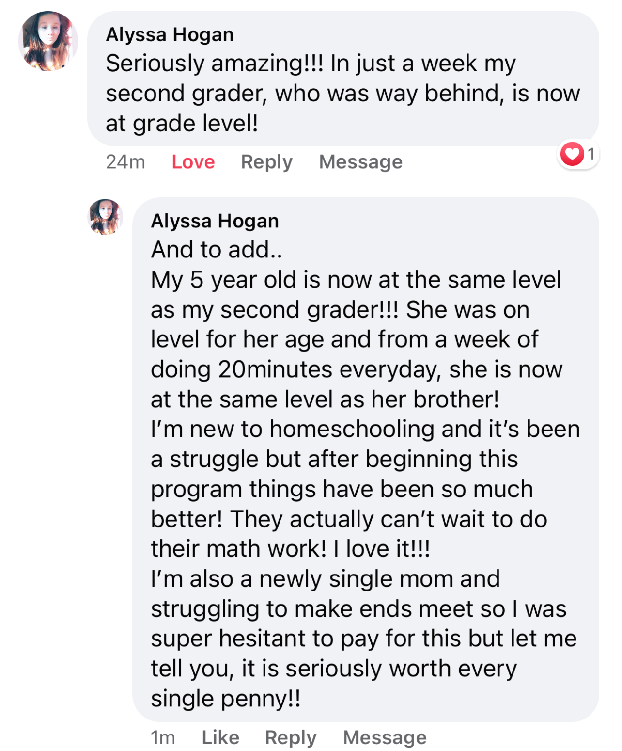 Screenshot of testimonial from Alyssa on Facebook