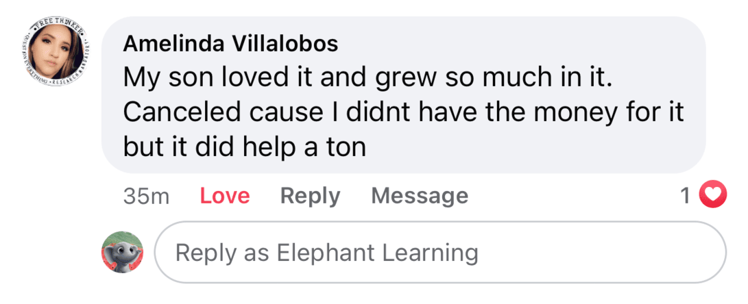 Screenshot of testimonial from Amelinda on Facebook