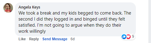 Screenshot of testimonial from Angela from Facebook