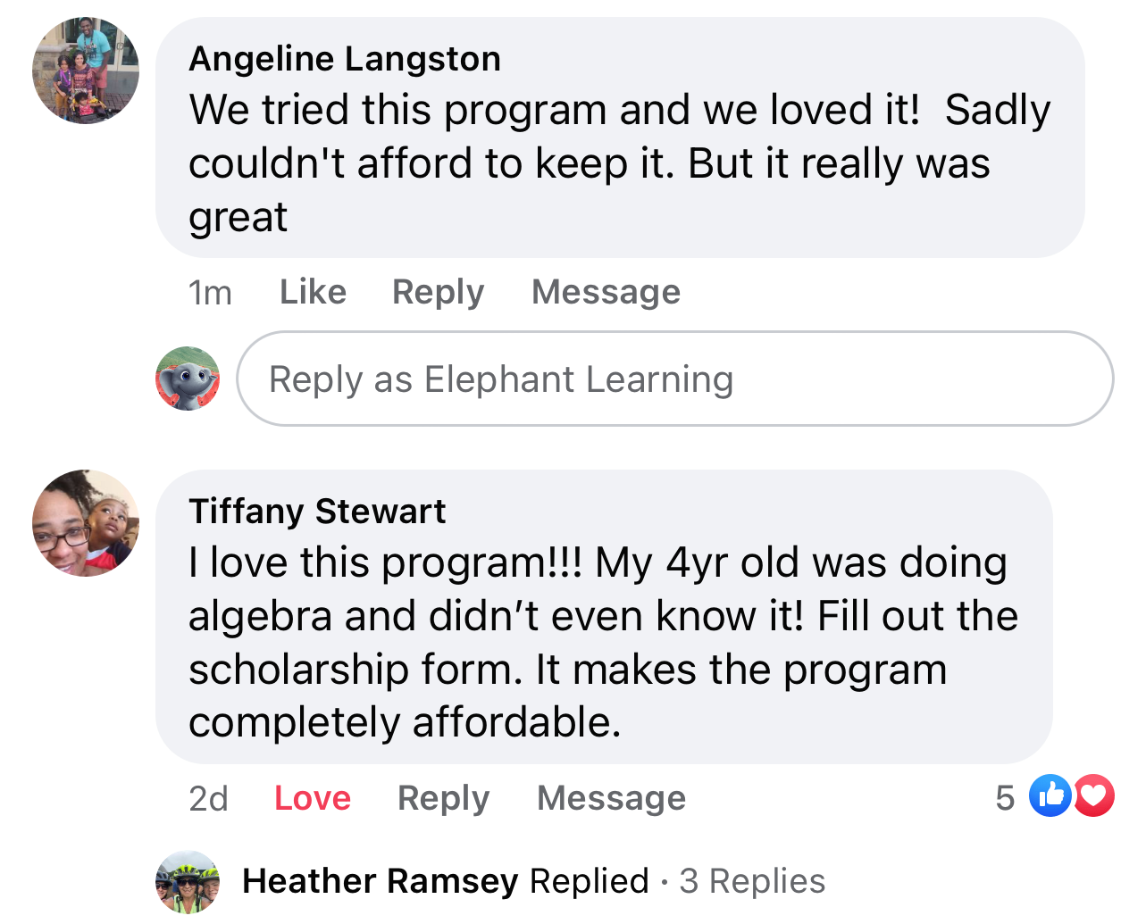 Screenshot of testimonial from Angeline and Tiffany on Facebook