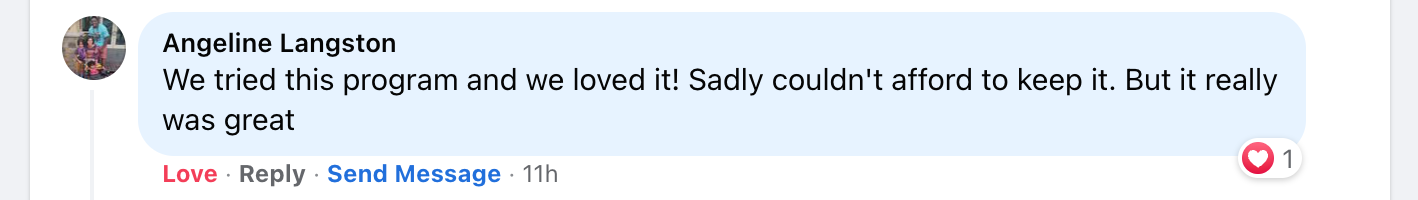 Screenshot of testimonial from Angeline from Facebook