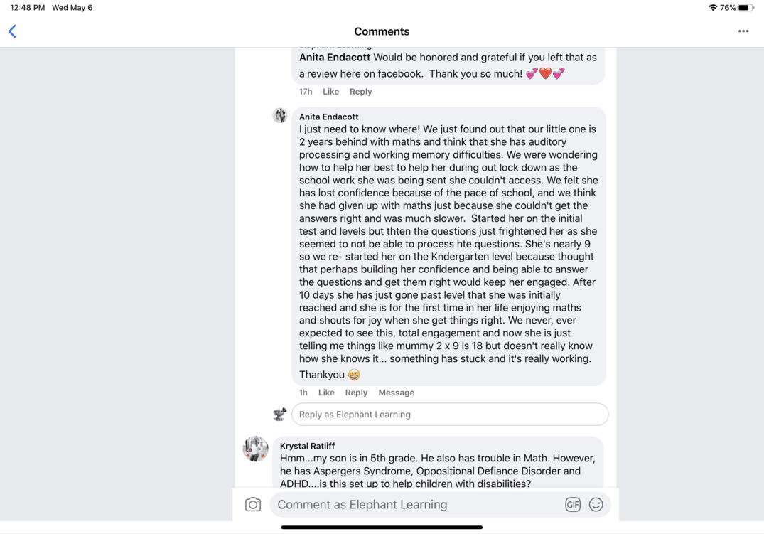 Screenshot of testimonial from Anita from Facebook