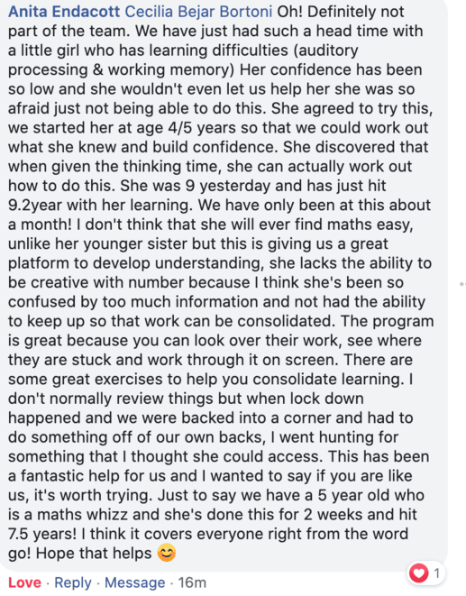 Screenshot of testimonial from Anita on Facebook