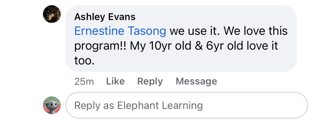 Screenshot of testimonial from Ashley on Facebook