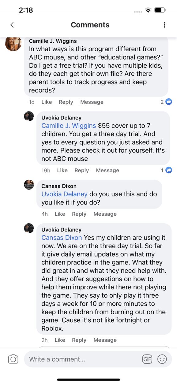 Screenshot of testimonial from Camille, Uvokia, and Cansas on Facebook
