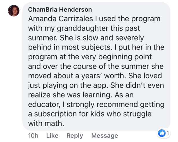 Screenshot of testimonial from ChamBria on Facebook