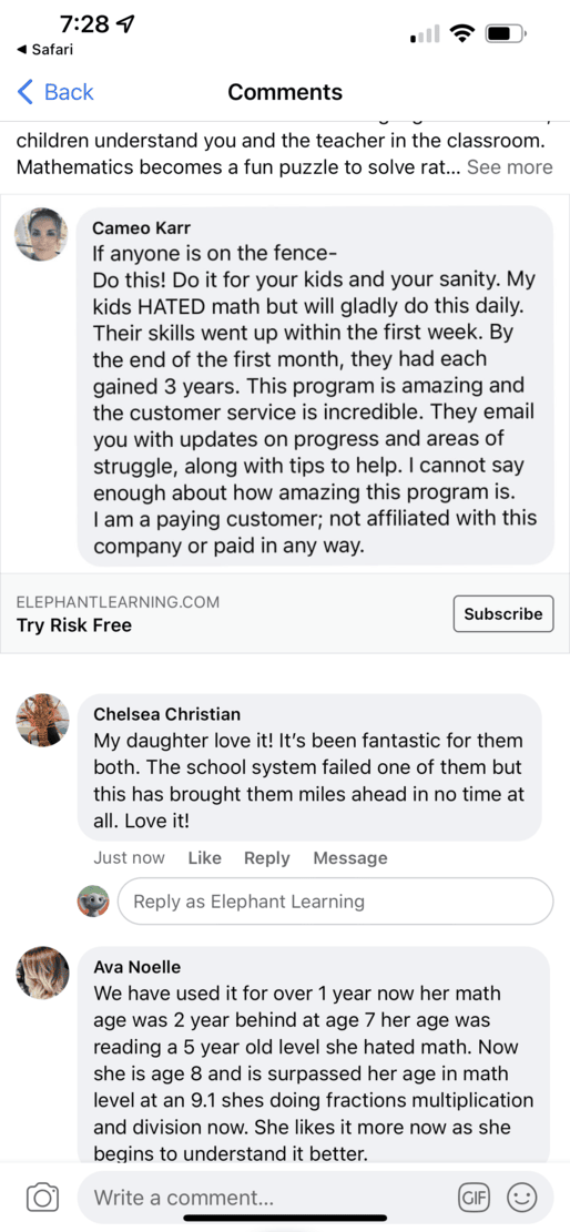 Screenshot of testimonial from Chelsea from Facebook