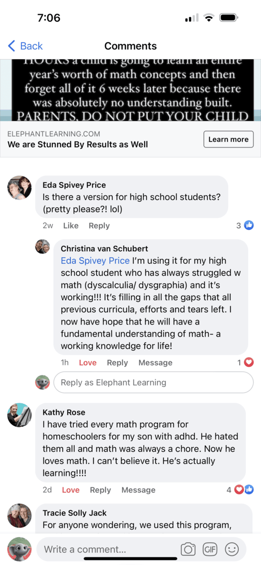 Screenshot of testimonial from Christina from Facebook