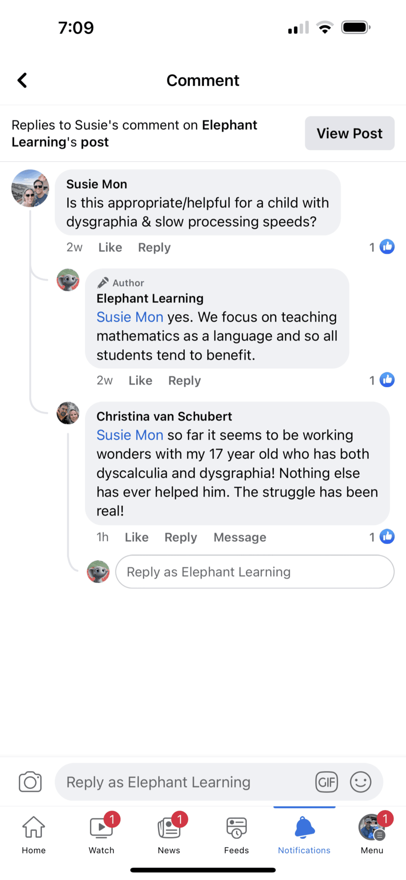 Screenshot of testimonial from Christina from Facebook