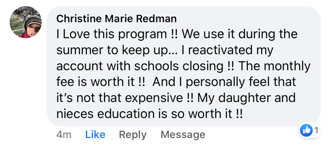 Screenshot of testimonial from Christine on Facebook