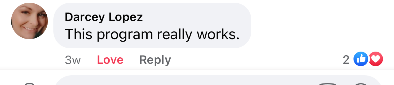Screenshot of testimonial from Darcey on Facebook