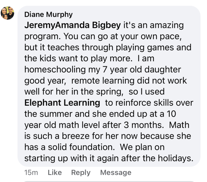 Screenshot of testimonial from Diane on Facebook