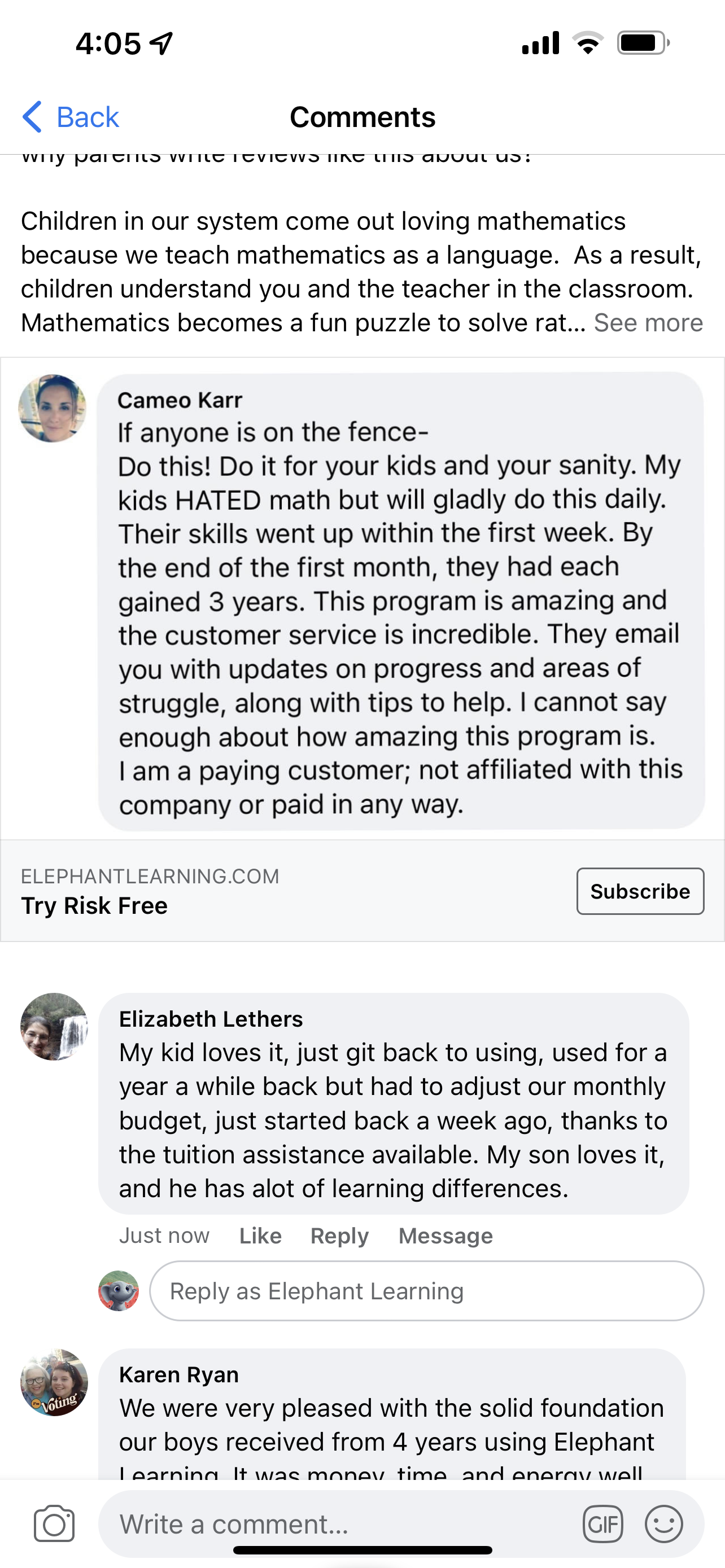 Screenshot of testimonial from Elizabeth from Facebook