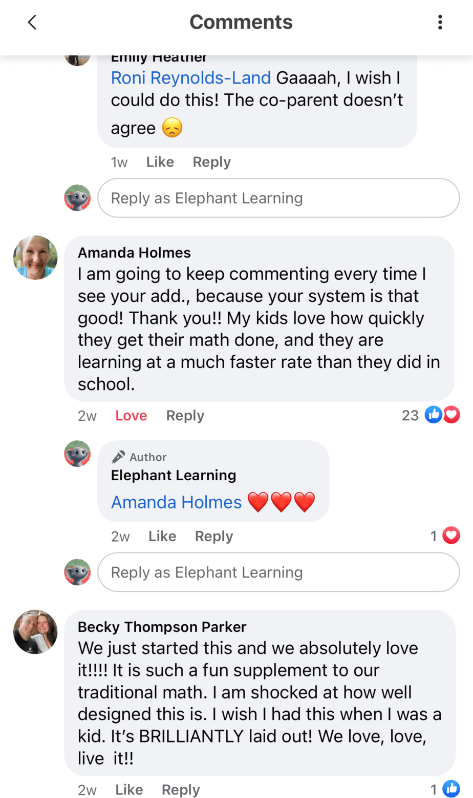Screenshot of testimonial from Emily, Amanda, and Becky on Facebook