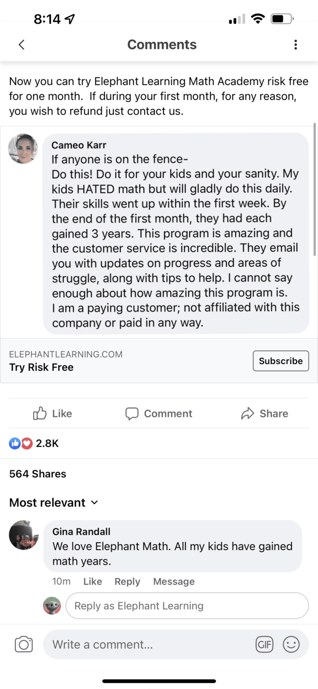 Screenshot of testimonial from Gina from Facebook