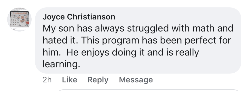 Screenshot of testimonial from Joyce on Facebook
