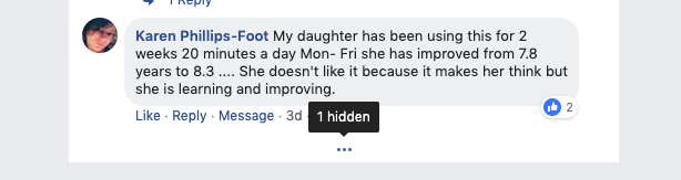 Screenshot of testimonial from Karen on Facebook