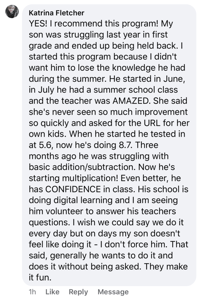 Screenshot of testimonial from Katrina on Facebook