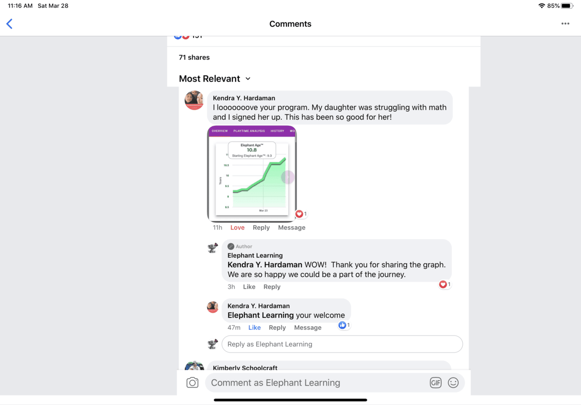 Screenshot of testimonial from Kendra from Facebook