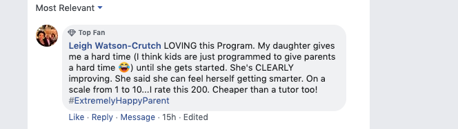 Screenshot of testimonial from Leigh on Facebook