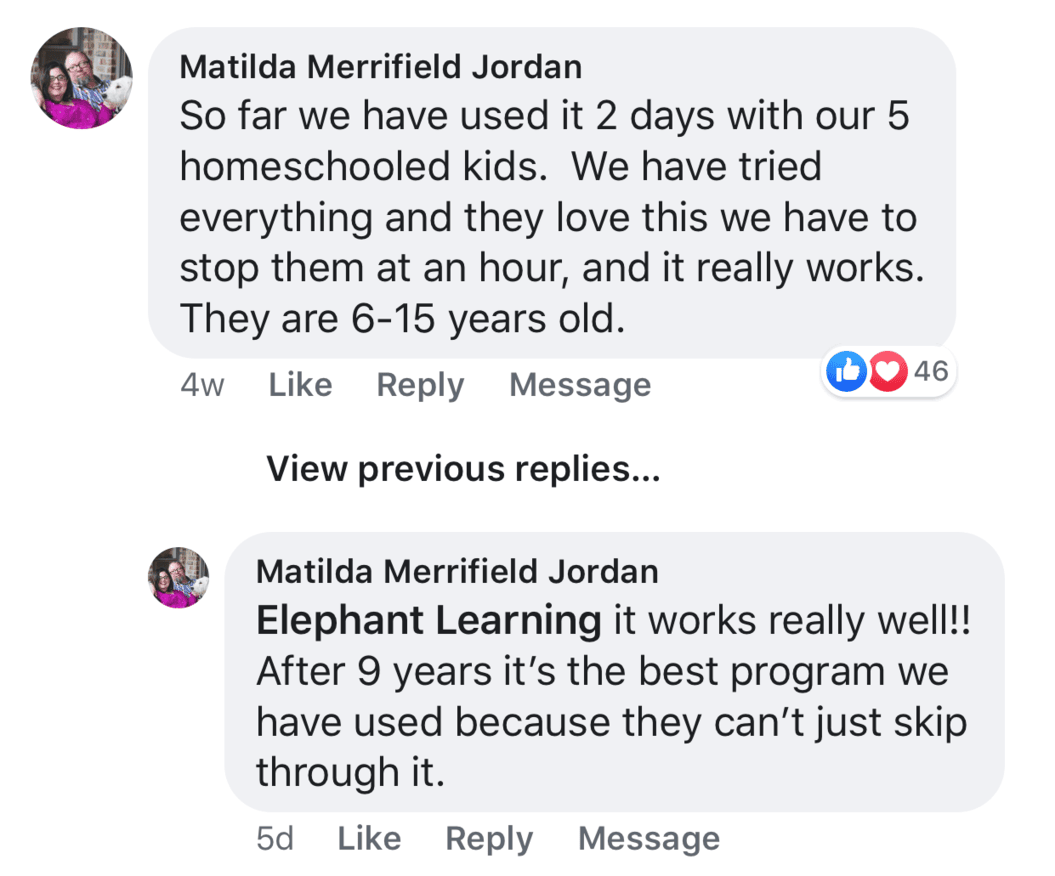 Screenshot of testimonial from Matilda on Facebook