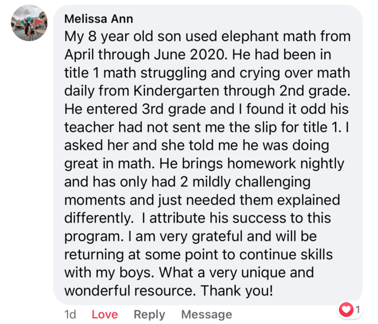 Screenshot of testimonial from Melissa on Facebook