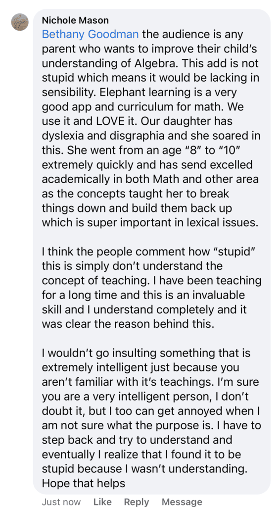 Screenshot of testimonial from Nichole on Facebook