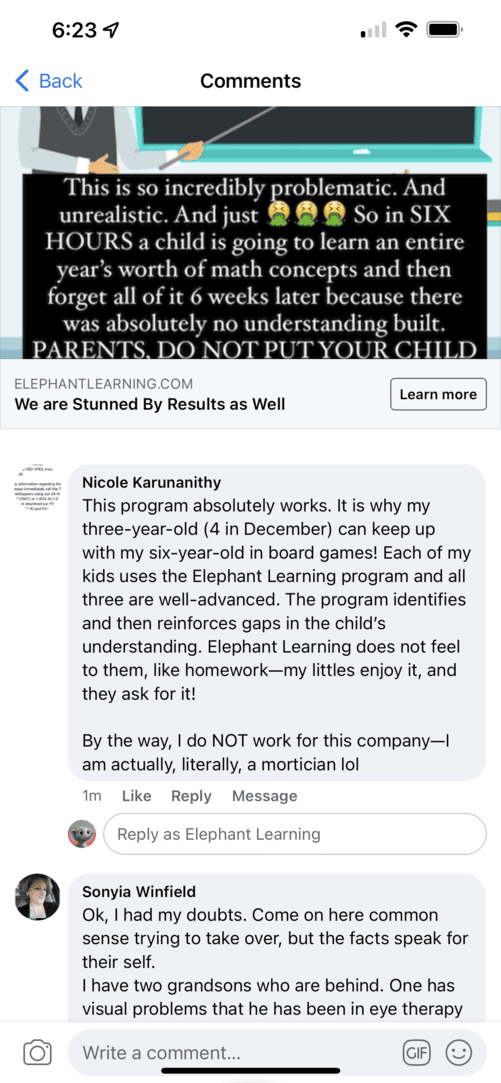 Screenshot of testimonial from Nicole from Facebook