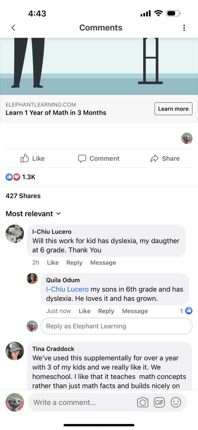Screenshot of testimonial from Quila and Tina from Facebook