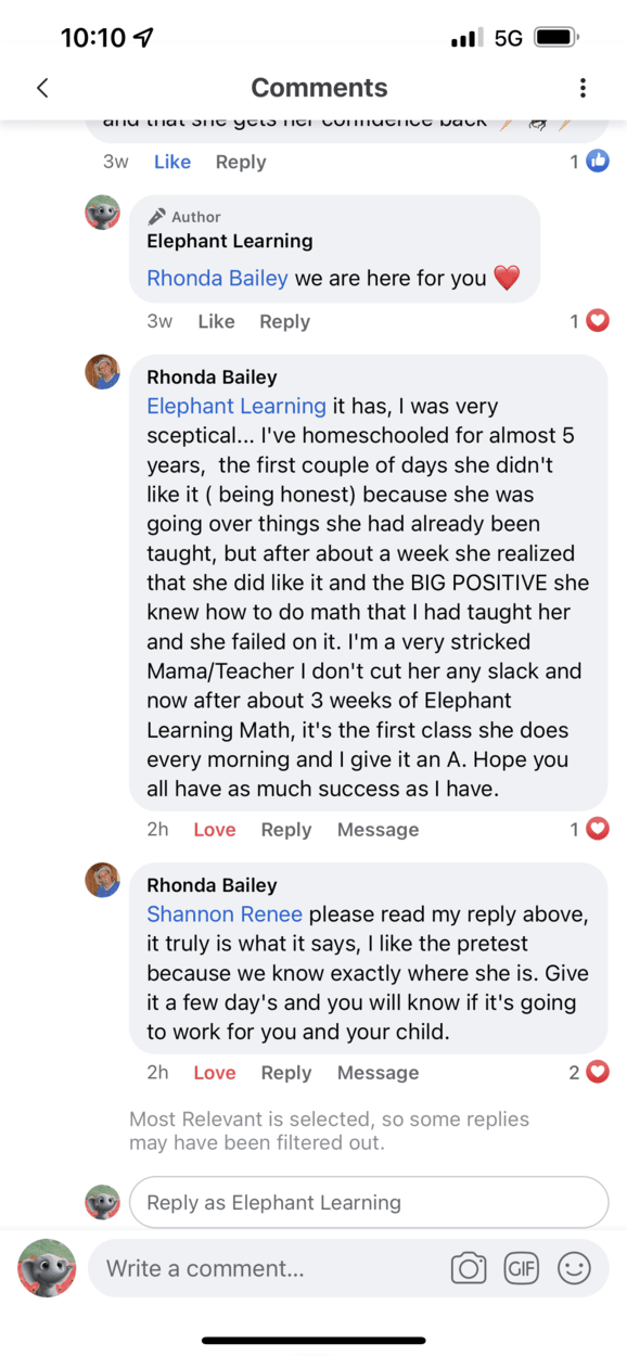Screenshot of testimonial from Rhonda from Facebook