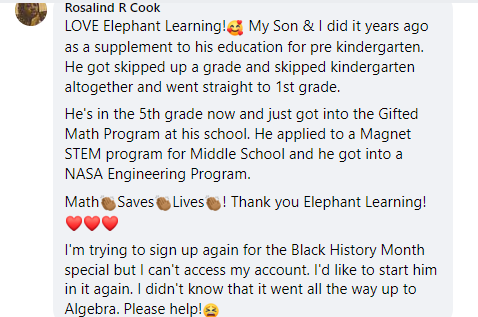 Screenshot of testimonial from Rosalind from Facebook