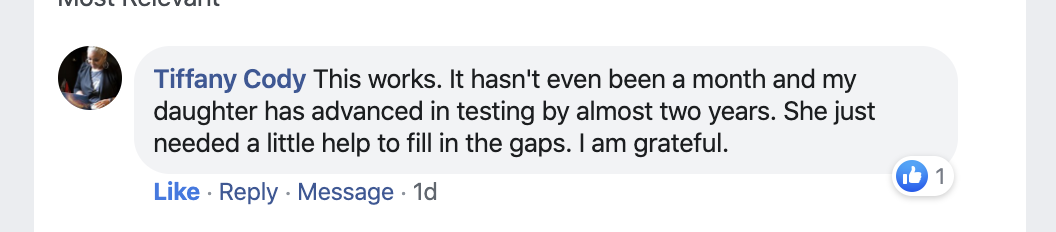 Screenshot of testimonial from Tiffany on Facebook