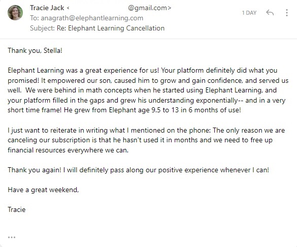 Screenshot of testimonial from Tracie via Email