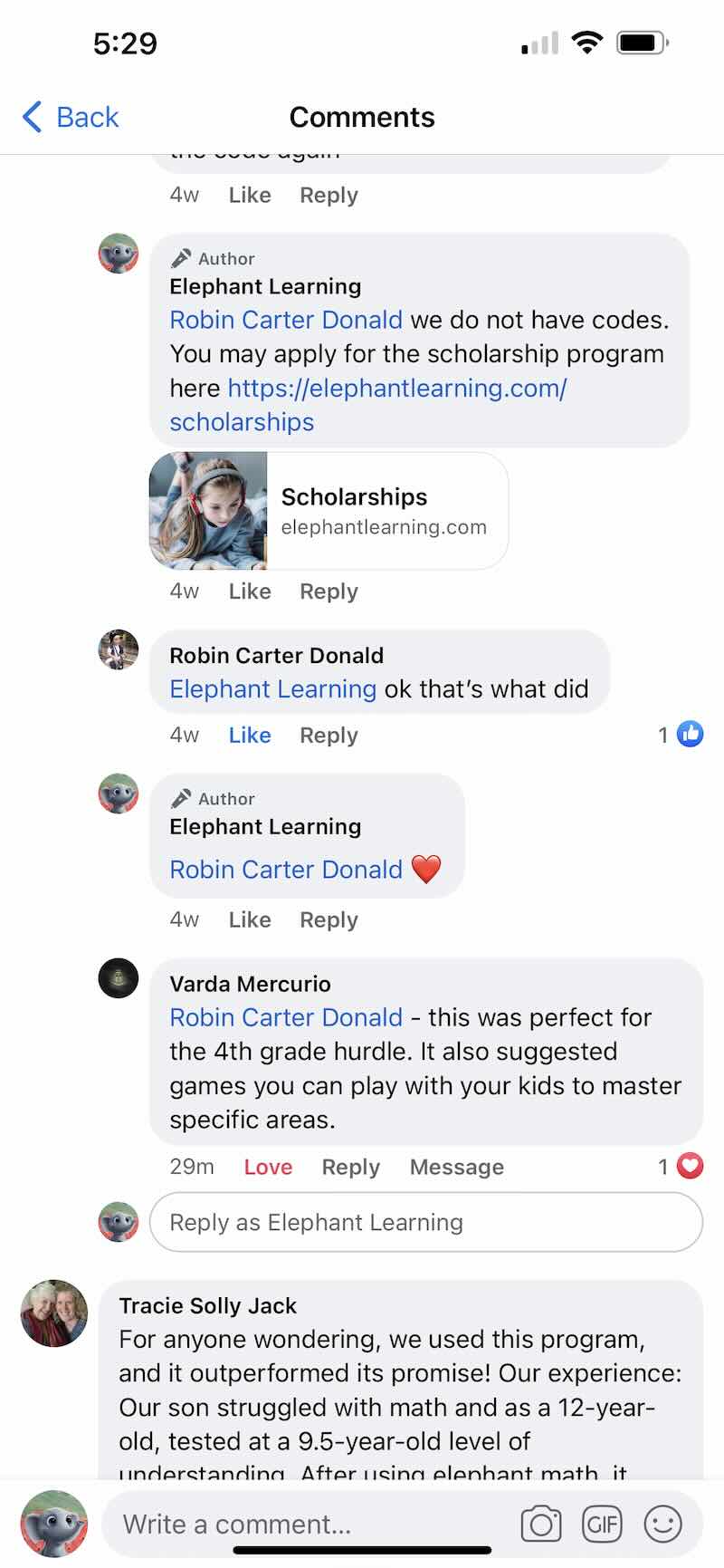 Screenshot of testimonial from Varda from Facebook